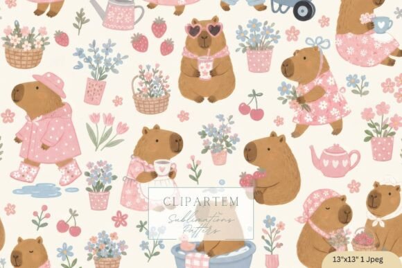 Download Cottagecore Capybara Seamless Pattern - Seamless pattern Collection