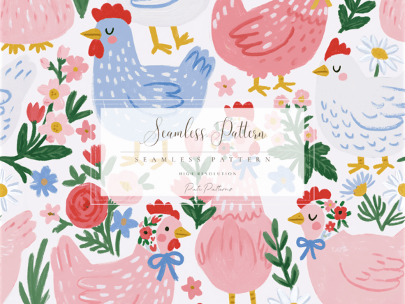 Download Whimsical Chickens Seamless Pattern PNG with Flowers - Seamless pattern Collection